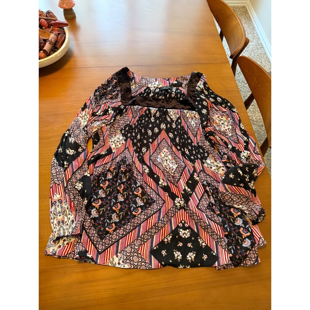 Melissa Paige Woman 1X Blouse Long Sleeve Square‎ Neck Boho Multicolor